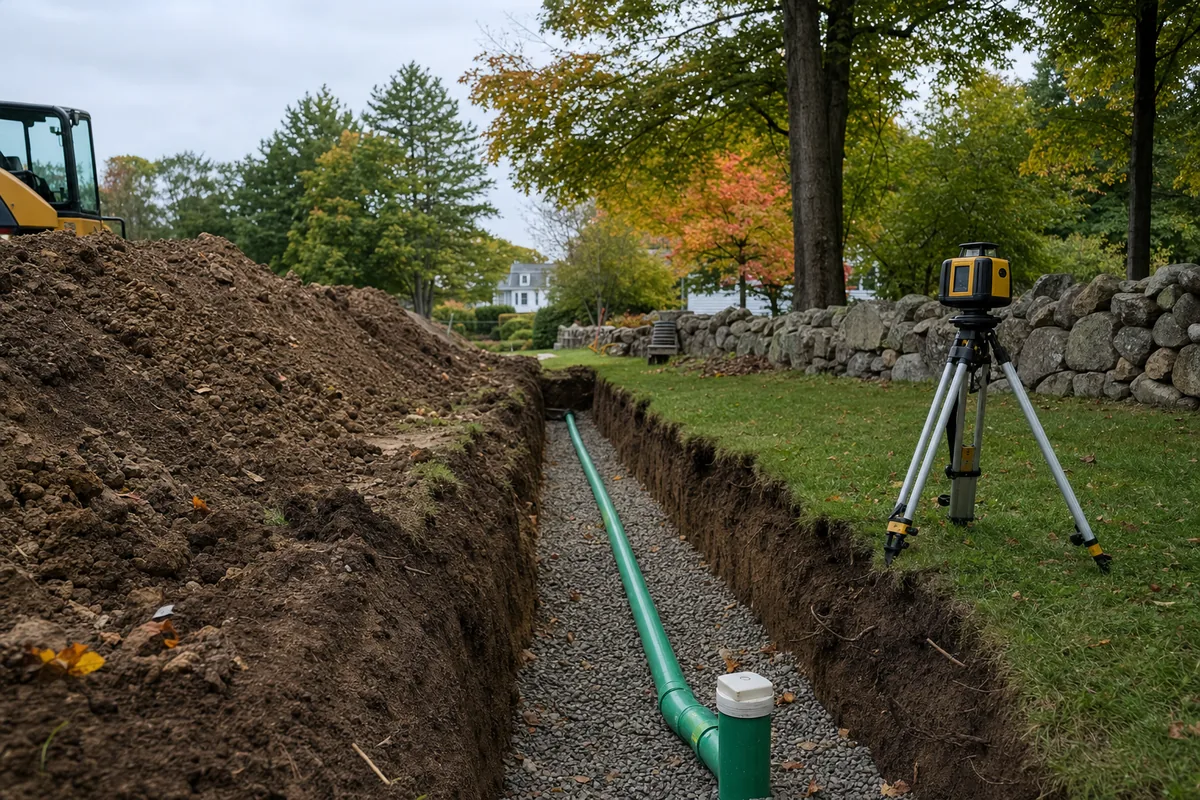 New sewer lateral pipe on stone bedding in an open trench